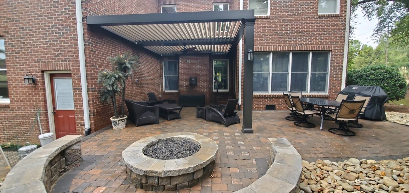 Covered patio and fire pit — Davidson · outdoor living